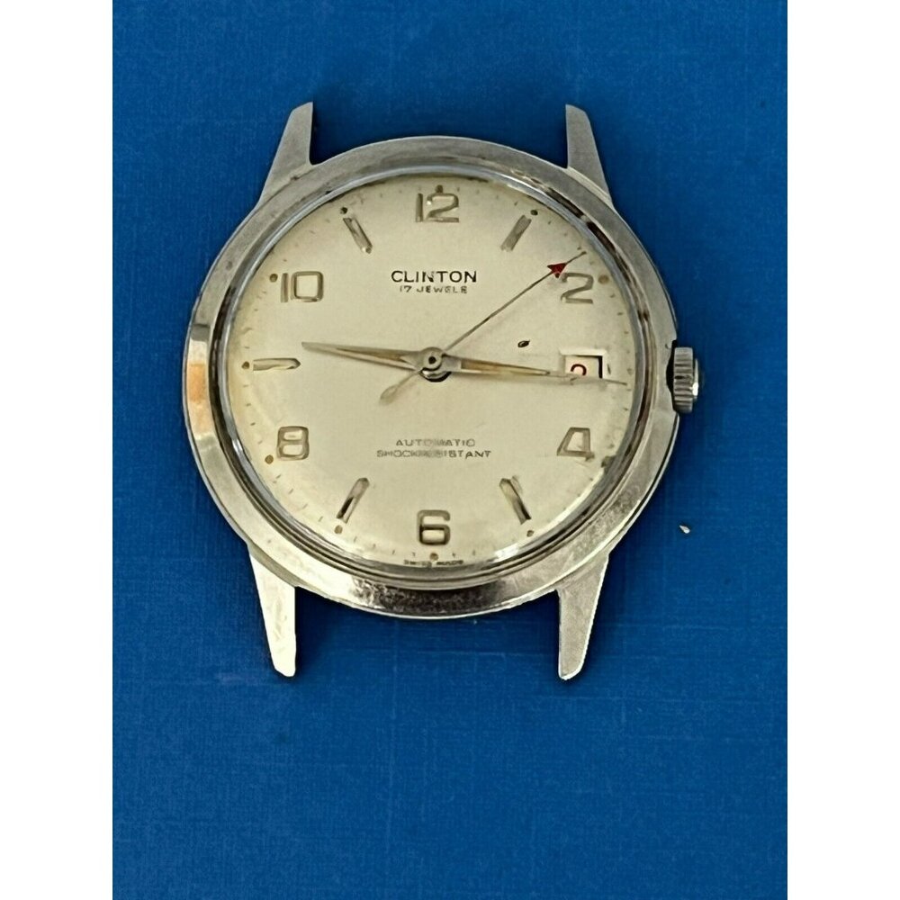 Vintage 1960s Clinton 17 Jewels Date silver tone watch